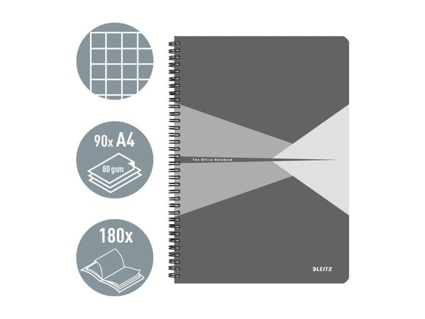Leitz Office A4-muistikirja, 90 arkkia, ruudut, kierresidonta, pahvikannet, Kuvio, Harmaa, A4, 90 arkkia, 80 g/m², Neliöpaperi