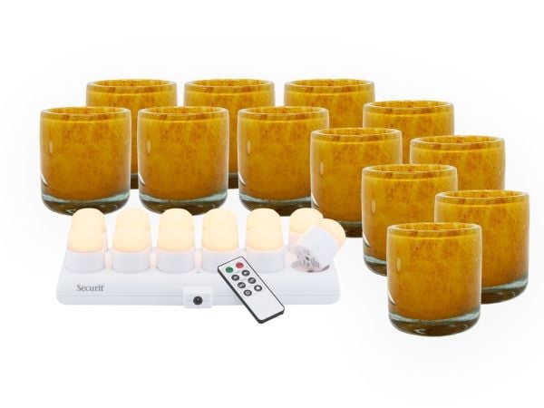 Securit® sett 12 stk AYLA glasslysholdere og LED telys gy.orange/hvit lys