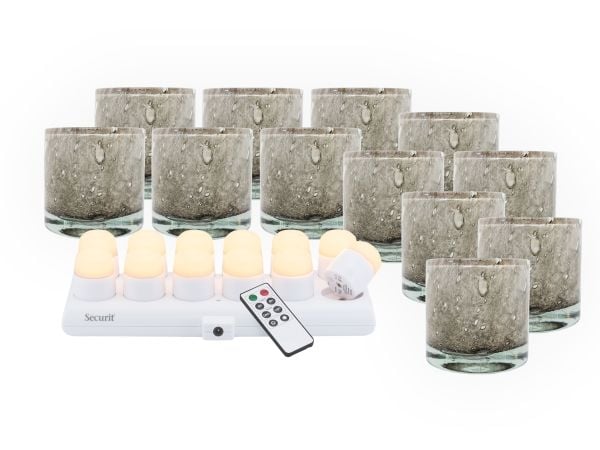 Securit® sett 12 stk AYLA glasslysestaker, 12 stk LED telys og ladestasjon, grå/hvit lys