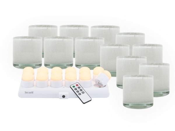 Securit® sett 12 stk. AYLA glasskanner, 12 stk. LED telys og ladestasjon, hvit/hvit lyskilde