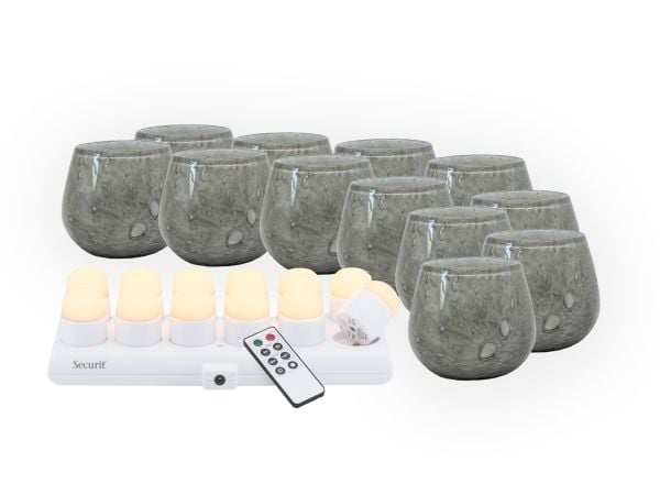 Securit® sett 12 stk LUNA glassholdere, 12 stk LED telys og ladestasjon grå/hvit lys Securit® sett 12 stk LUNA glassholdere, 12 stk LED telys og ladestasjon grå/hvit lys