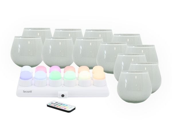 Securit® sett 12 stk. LUNA glassholdere, 12 stk. LED telys og ladestasjon, hvit + 12 farger