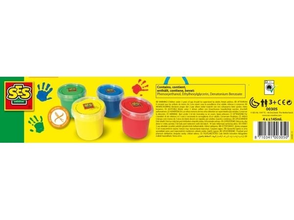 SES Creative Washable Finger Paints (Pack of 4), Blå, Grønn, Rød, Gult, Ikke giftig, Vaskbar, Glutenfri, 145 ml