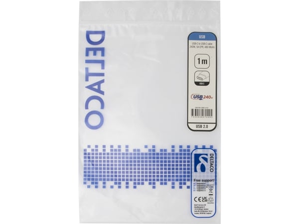 DELTACO - USB-kabel - USB-C (hann) til USB-C (hann) - USB 2.0 - 48 V - 5 A - 1 m - utvidet effektområde (EPR), USB Power Delivery (240 W), Støtte f...