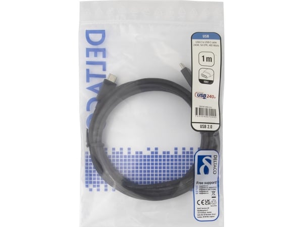 DELTACO - USB-kabel - USB-C (hann) til USB-C (hann) - USB 2.0 - 48 V - 5 A - 1 m - utvidet effektområde (EPR), USB Power Delivery (240 W), Støtte f...