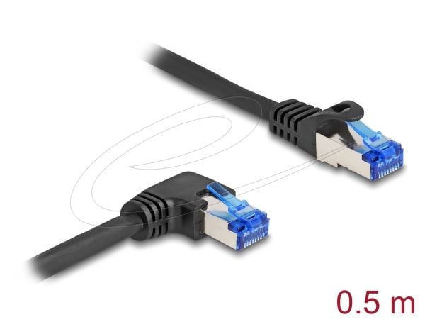 Delock - Nettverkskabel - RJ-45 (hann) rett til RJ-45 (hann) rettvinklet - 50 cm - 6 mm - S/FTP - CAT 6a - halogenfri, uten hindringer - svart