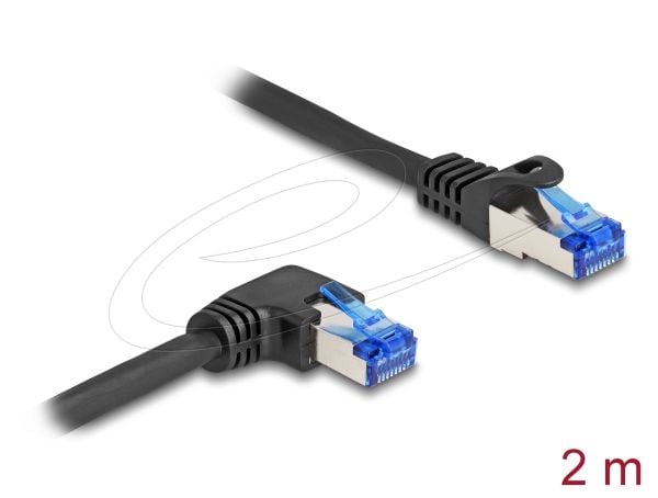 Delock - Nettverkskabel - RJ-45 (hann) rett til RJ-45 (hann) høyrevinklet - 2 m - 6 mm - S/FTP - CAT 6a - halogenfri, uten hindringer - svart