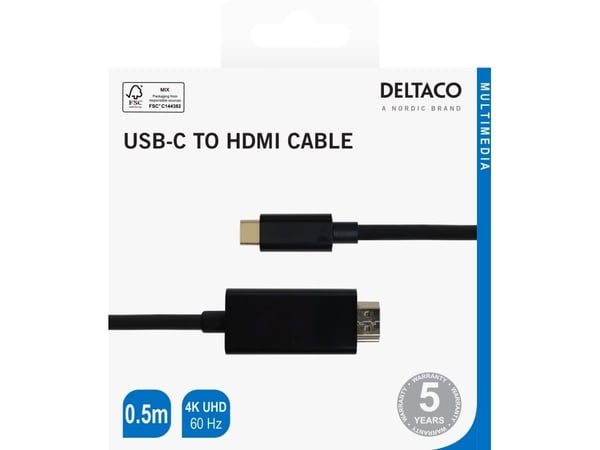 Deltaco USB-C / HDMI -kaapeli, 4K UHD, kullattu, 0,5 m, musta, 0,5 m, HDMI-tyyppi A (vakio), HDMI, Uros, Uros, Suora