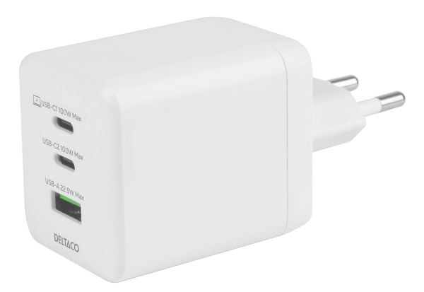 DELTACO Wall Charger - Strømadapter - GaN - 100 watt - 5 A (USB-type A, 2 x USB-C) - hvit