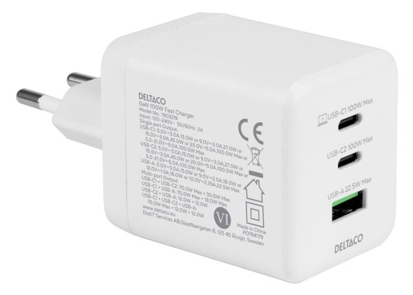 DELTACO Wall Charger - Strømadapter - GaN - 100 watt - 5 A (USB-type A, 2 x USB-C) - hvit