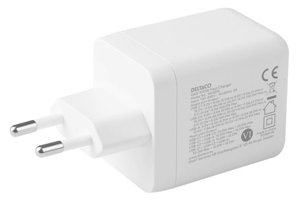 DELTACO Wall Charger - Strømadapter - GaN - 100 watt - 5 A (USB-type A, 2 x USB-C) - hvit
