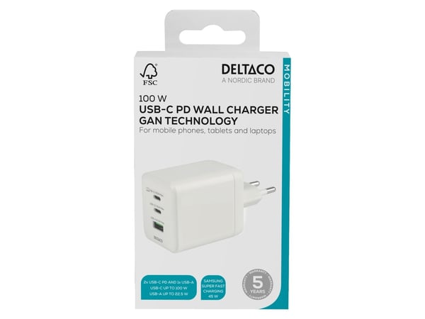 DELTACO Wall Charger - Strømadapter - GaN - 100 watt - 5 A (USB-type A, 2 x USB-C) - hvit