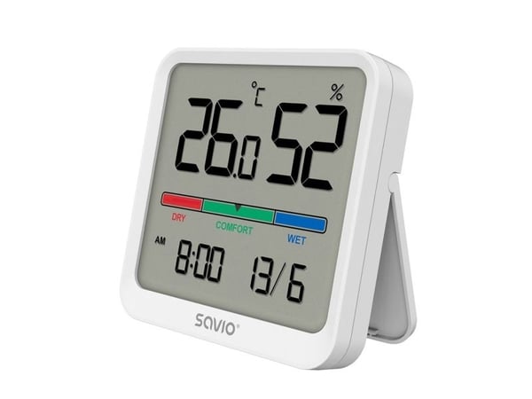Självupptagande temperaturgivare och fuktgivare för inomhusbruk, LCD-display, klocka, datum, magnethållare, CT-01/W Vit