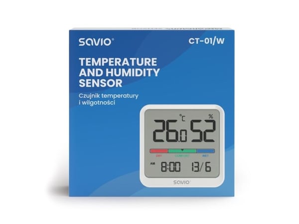 Självupptagande temperaturgivare och fuktgivare för inomhusbruk, LCD-display, klocka, datum, magnethållare, CT-01/W Vit