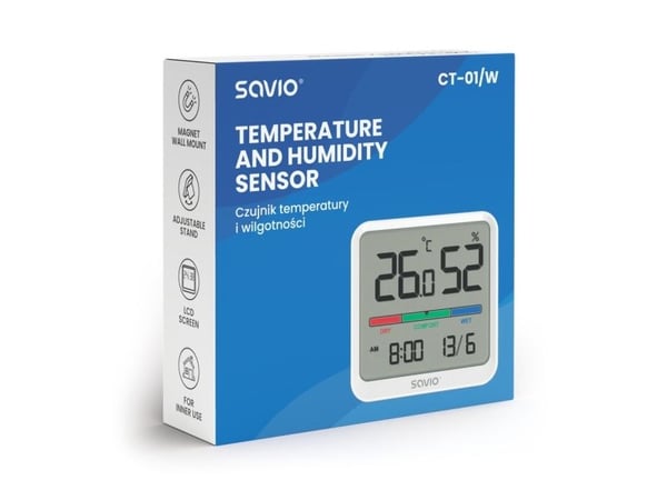 Självupptagande temperaturgivare och fuktgivare för inomhusbruk, LCD-display, klocka, datum, magnethållare, CT-01/W Vit