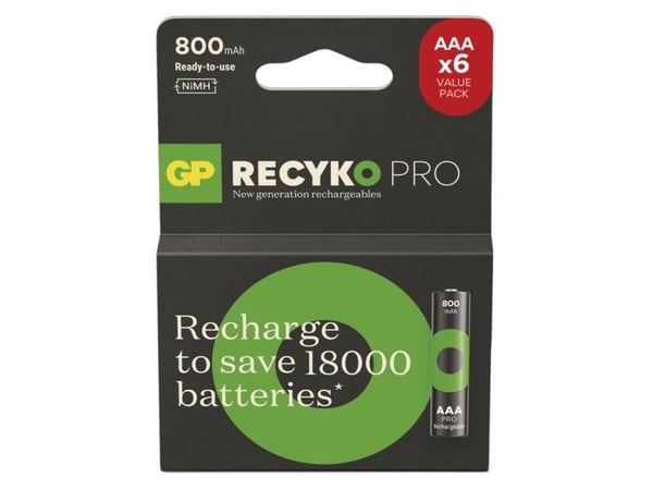 GP Batteries ReCyko Pro B2618V, 800 mAh, Nikkelmetallhydrid (NiMH), AAA, 1,2 V, Sort, Grønn, 6 stykker