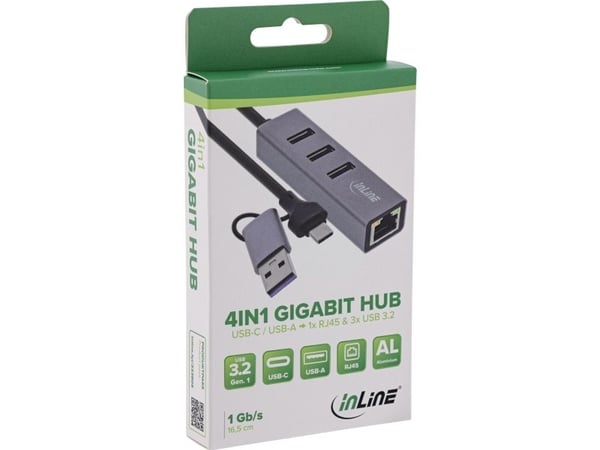 InLine 33380S, USB 3.2 Gen 1 (3.1 Gen 1) Type-A + Type-C, RJ-45, USB 3.2 Gen 1 (3.1 Gen 1) Type-A, 5000 Mbit/s, Grå, Aluminium, 165 m