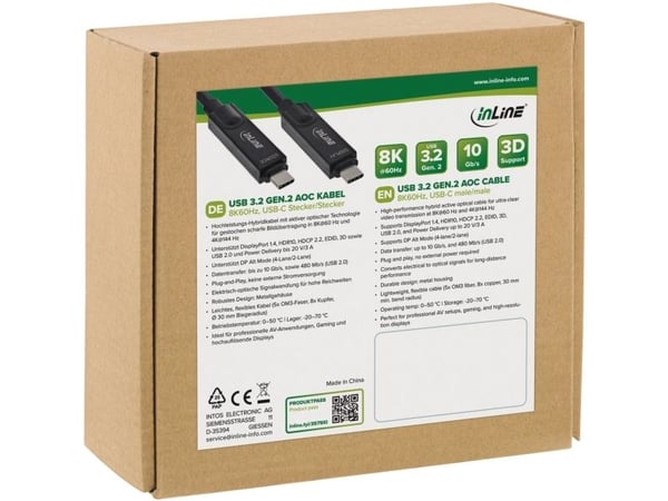 InLine USB 3.2 Gen.2 AOC-kabel - USB-C hann/hann 8K60Hz 60W - svart - 7,5m (35797I)