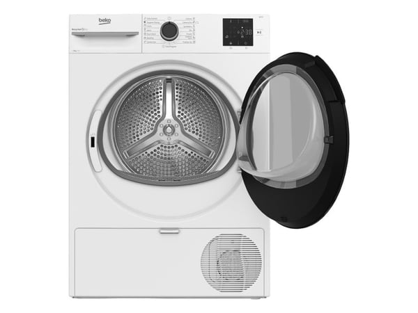 Beko BM3T38230W, Frittstående, Frontmatet, Varme pumpe, Hvit, Rotasjon, Berøringskontroll, Riktig/Høyre