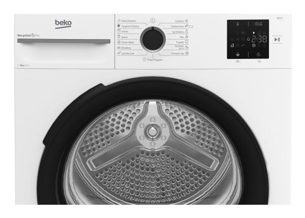 Beko BM3T38230W, Frittstående, Frontmatet, Varme pumpe, Hvit, Rotasjon, Berøringskontroll, Riktig/Høyre