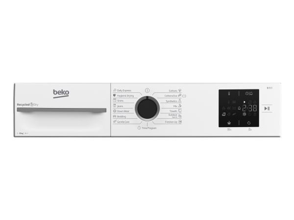 Beko BM3T38230W, Frittstående, Frontmatet, Varme pumpe, Hvit, Rotasjon, Berøringskontroll, Riktig/Høyre