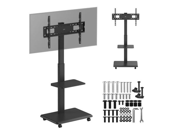 TV-stativ / vogn Ergo-Office, maks belastning 50 kg / 5 kg hylle, maks VESA 600x400, innebygd strømlist, svart, ER-304 B