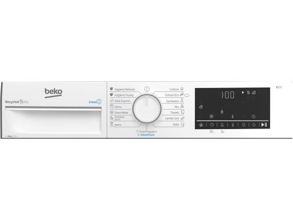 Beko B3T68230, Frittstående, Frontmatet, Varme pumpe, Hvit, Rotasjon, Rustfritt stål
