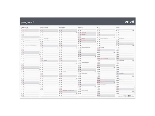 Kæmpekalender Moderne 2x6 måneder 2026 i kraftigt papir - leveres i paprør