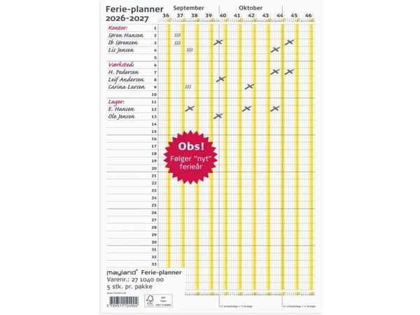 Mayland 17104000, Vegg, 2 sider, A4, Flerfarget, Årlig, 80 g/m²