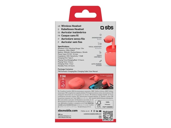 SBS Go Pods, True Wireless Stereo (TWS), 20 - 20000 Hz, Samtaler/musikk, 50 g, Hodesett, Rød