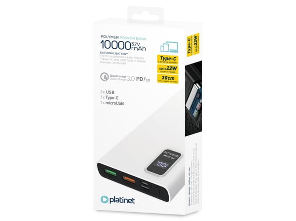 Platinet PMPB10WQC726W, 10000 mAh, Lithium Polymer (LiPo), Quick Charge 3.0, Hvit