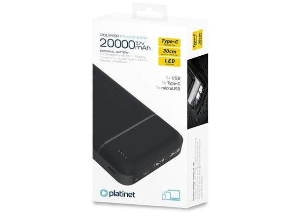 Platinet PMPB20W706B, 20000 mAh, Lithium Polymer (LiPo), 3,7 V, Sort