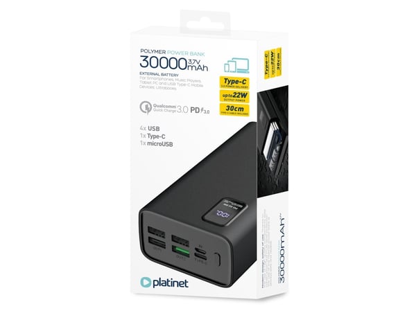 Platinet PMPB30WQC728B, 30000 mAh, Lithium Polymer (LiPo), 3,7 V, Sort