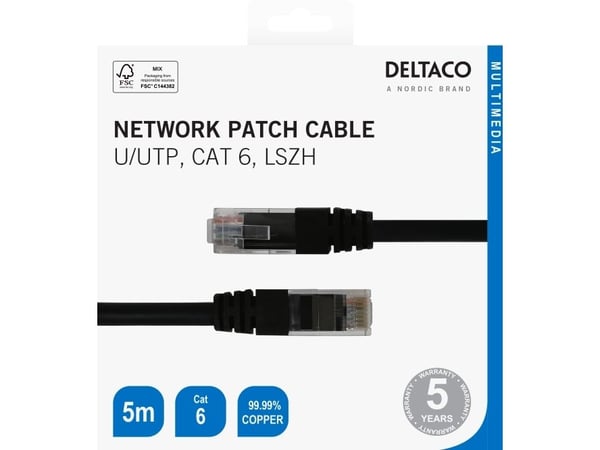 DELTACO - Koppeledning - RJ-45 (hann) til RJ-45 (hann) - 5 m - UTP - CAT 6 - halogenfri, formet - svart
