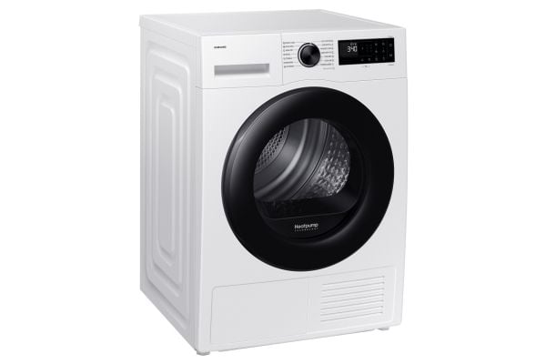 Samsung DV90DG52A0AELE, Frittstående, Frontmatet, Varme pumpe, Hvit, Rotasjon, Riktig/Høyre