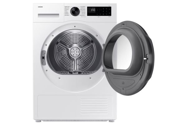 Samsung DV90DG52A0AELE, Frittstående, Frontmatet, Varme pumpe, Hvit, Rotasjon, Riktig/Høyre