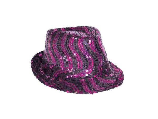 Fedorahat med pink og sorte pailletter