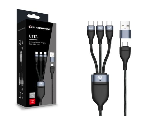 Conceptronic ETTA06B15C, 1,5 m, USB A/USB C, 3 x USB C, USB 2.0, 0,48 Gbit/sek, Sort