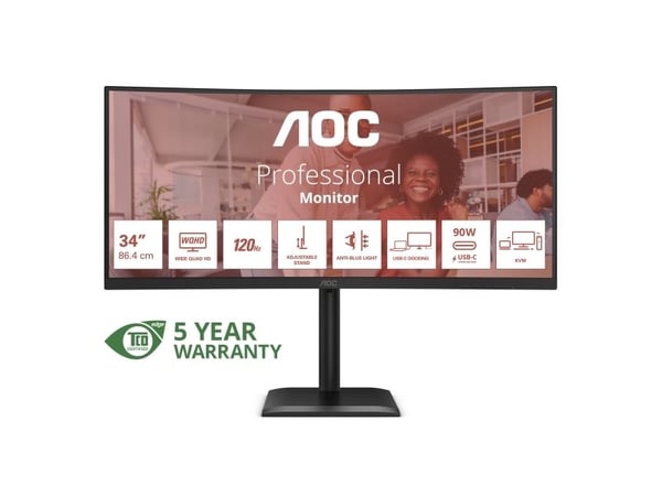 AOC E4 CU34E4CV, 86,4 cm (34"), 3440 x 1440 pixlar, UltraWide Quad HD, LCD, 4 ms, Svart