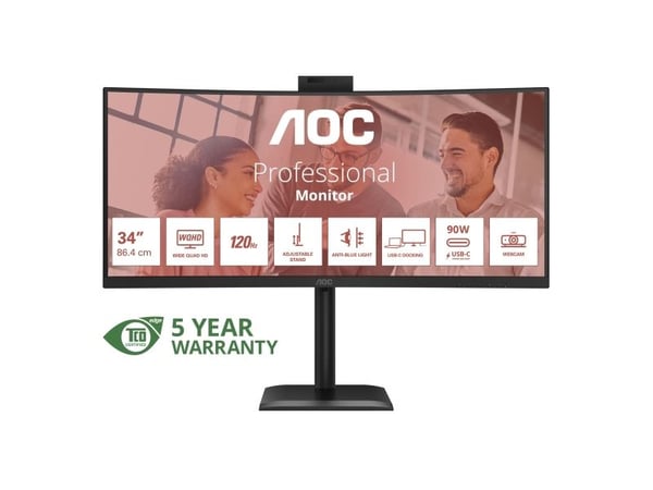 AOC E4 CU34E4CW, 86,4 cm (34"), 3440 x 1440 piksler, UltraWide Quad HD, LED, 4 ms, Svart