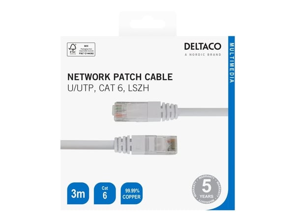 DELTACO - Koblingskabel - RJ-45 (hann) til RJ-45 (hann) - 3 m - UTP - CAT 6 - hvit