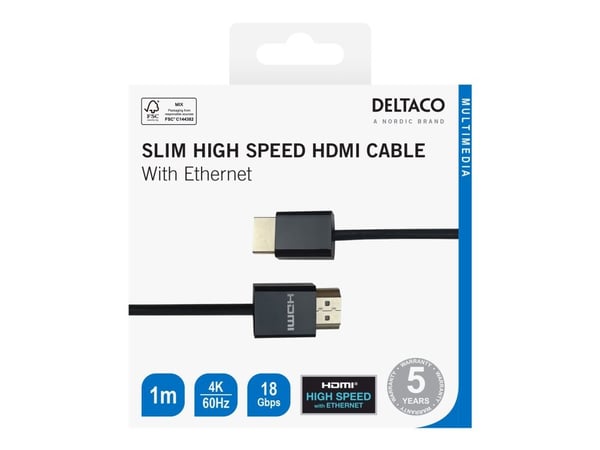 DELTACO - Hög hastighet - HDMI-kabel med Ethernet - HDMI hane till HDMI hane - 1 m - svart - stöd för 4K