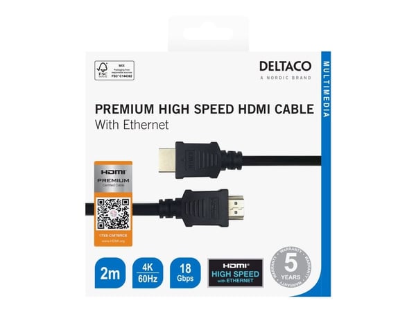 DELTACO - High Speed - HDMI-kabel med Ethernet - HDMI hann til HDMI hann - 2 m - svart - 4K-støtte