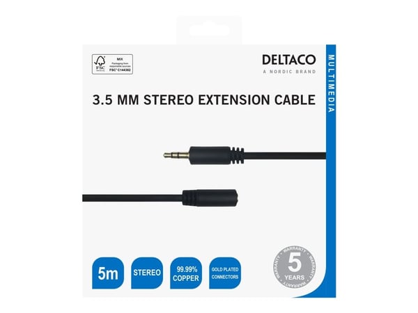 DELTACO - Lydforlengelseskabel - 3,5 mm stereo hann til 3,5 mm stereo hunn - 5 m - svart