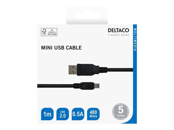 DELTACO - USB-kabel - mini-USB Type B (hann) til USB (hann) - USB 2.0 - 1 m - up to 480 Mbps - svart