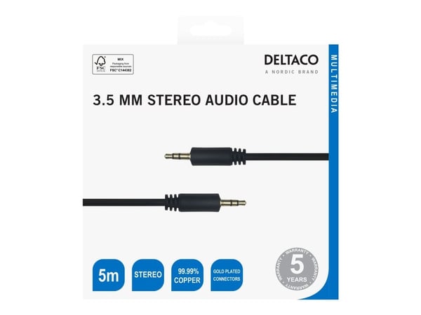 DELTACO - Lydkabel - 3,5 mm stereo hann til 3,5 mm stereo hann - 5 m - svart