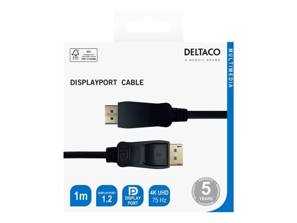 Deltaco Sertifioitu DisplayPort 1.2 -kaapeli, 1 m, musta, 1 m, DisplayPort, DisplayPort, Uros, Uros, 3840 x 2160 pikseliä