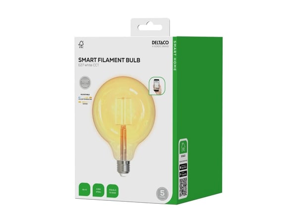Deltaco SMART H LED filament lamp E27 WiFI 2.4GHz 5.5W 470lm Dim, Älylamppu, Wi-Fi, Valkoinen, 802.11b, 802.11g, Wi-Fi 4 (802.11n), LED, E27