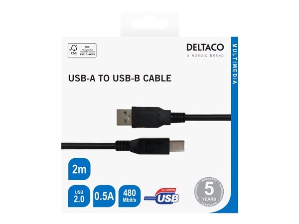Deltaco USB-A / USB-B -kaapeli, 2 m, musta, 2 m, USB A, USB B, USB 2.0, 0,48 Gbit/s, musta