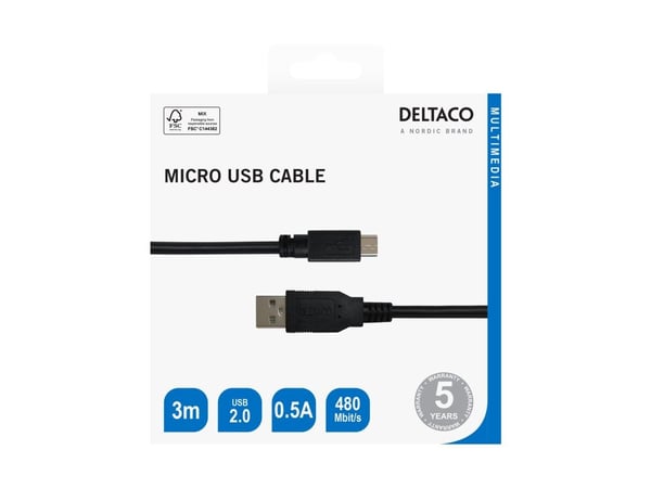 DELTACO - USB-kabel - 4-pinners Micro-USB Type B (hann) til USB (hann) - USB 2.0 - 0.5 A - 3 m - lade og synkronisere - svart